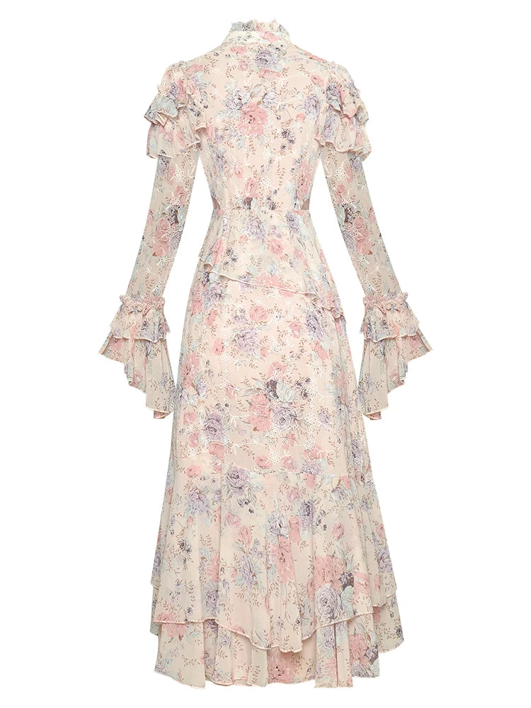 Louisa Floral Embroidered Print Long Asymmetrical Midi Dress Mixed Color / M Louisa Floral Embroidered Print Long Asymmetrical Midi Dress Mixed Color / M