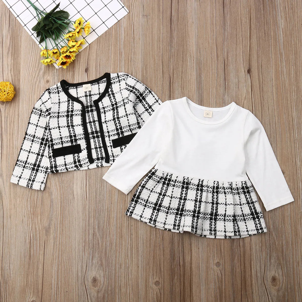 2Pcs Plaid Coat Tutu Dress Outfit Suit for Baby Girl Toddler