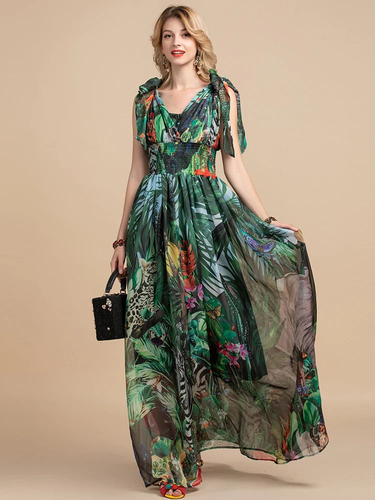 Mina V-Neck elastic Vintage Floral Print Holiday Boho Maxi Dress