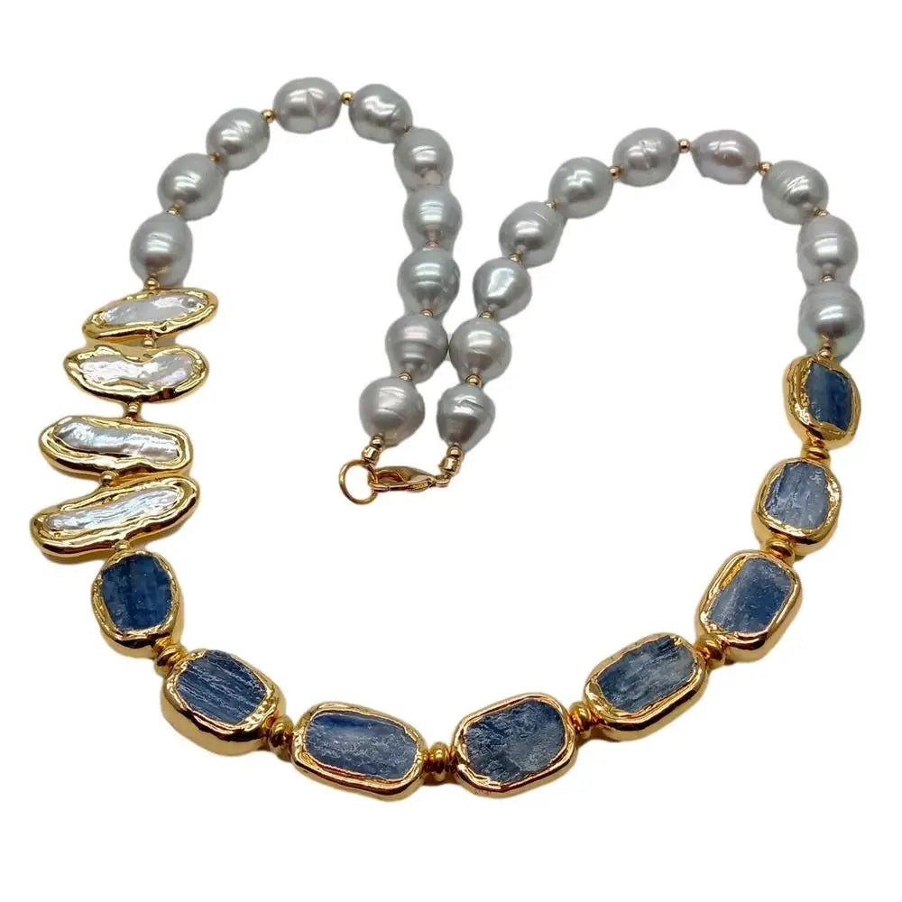 Freshwater Cultured  Biwa Pearl Blue Kyanites Necklace 23"