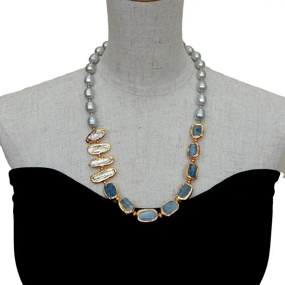 Freshwater Cultured  Biwa Pearl Blue Kyanites Necklace 23"