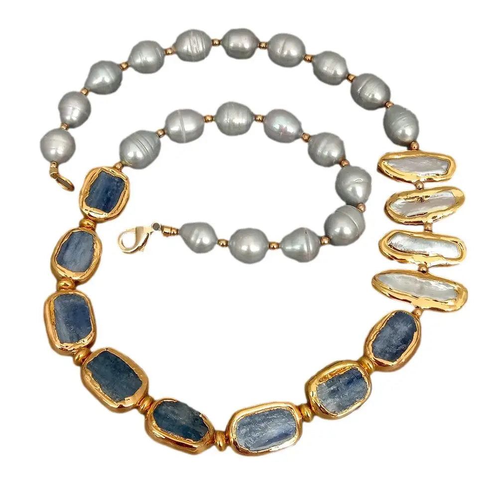 Freshwater Cultured  Biwa Pearl Blue Kyanites Necklace 23"