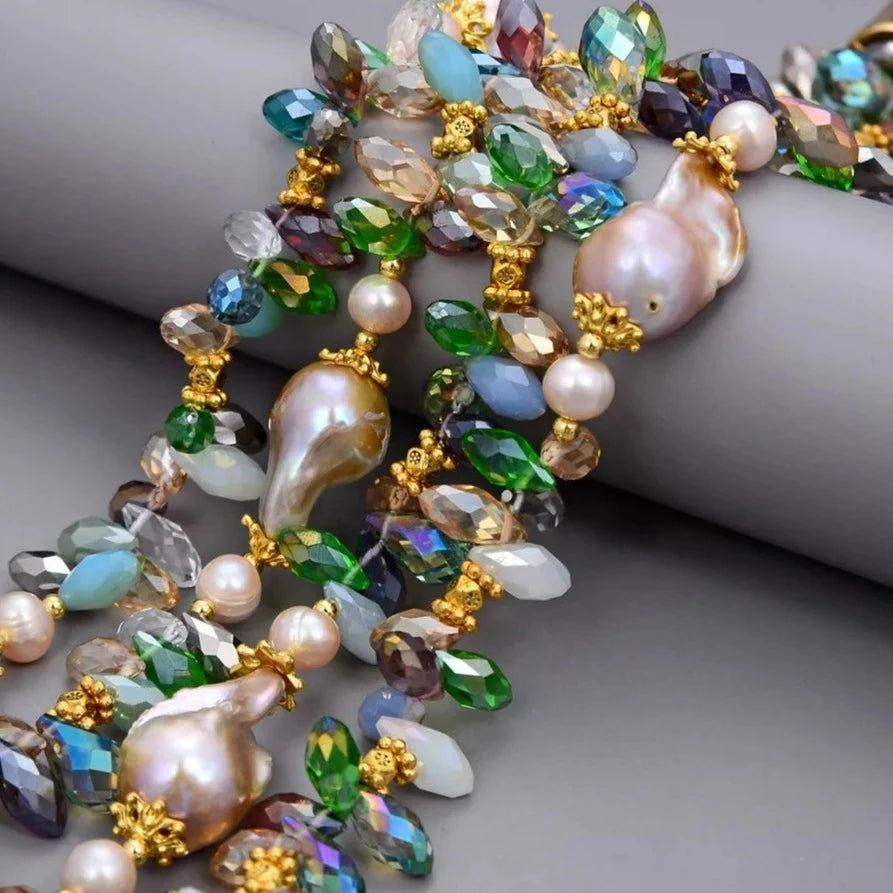 18"-24" 4 Stränge 25mm natürliche lila Keshi Perle bunte Kristall Halskette
