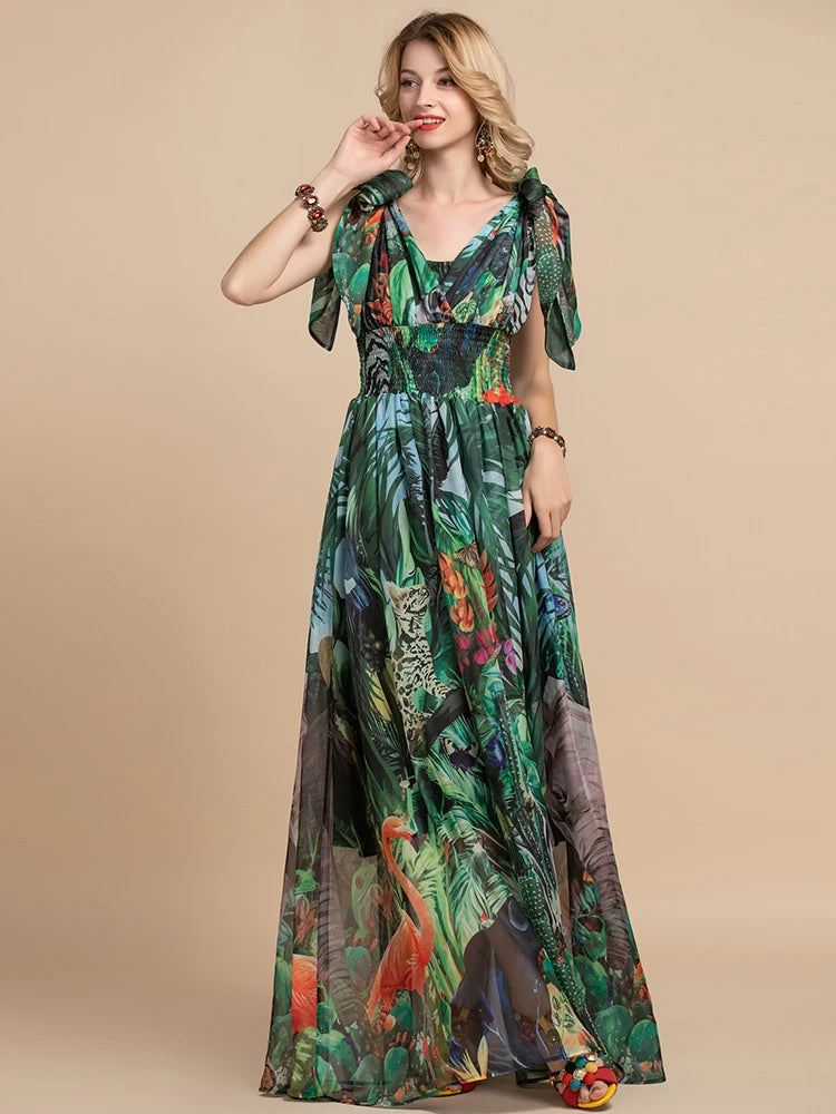 Mina V-Neck elastic Vintage Floral Print Holiday Boho Maxi Dress