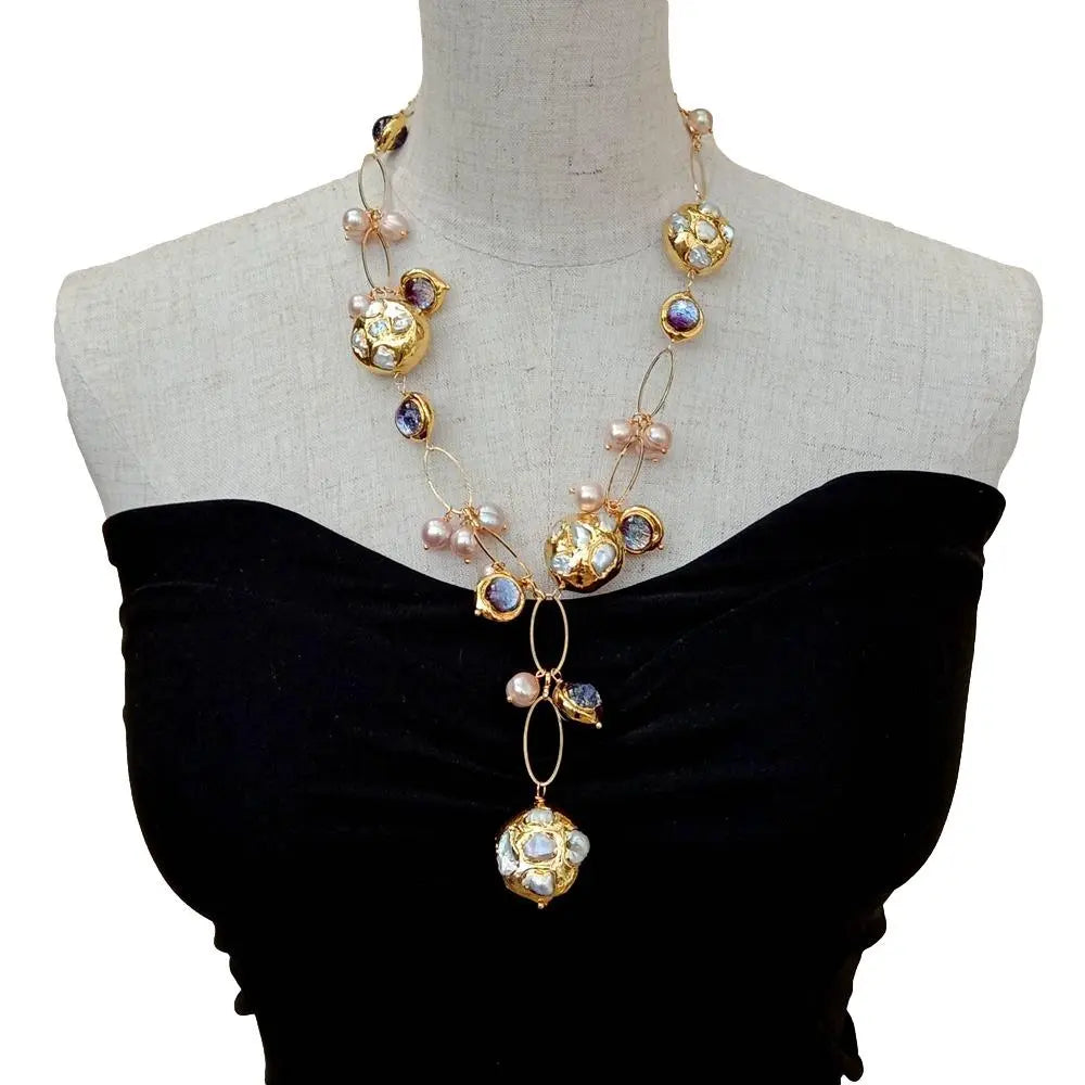 Freshwater Cultured White Keshi Pearl Pink Pearl Purple Murano Glass Chain Pearl Y-Drop Necklace