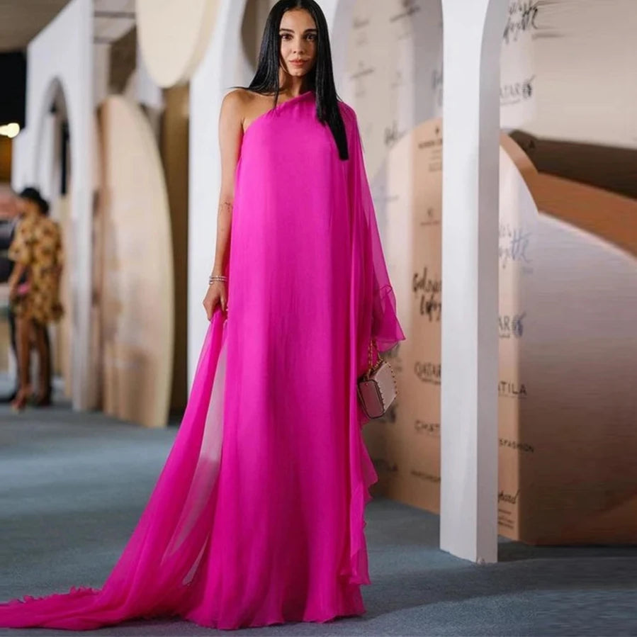 VANILLA VOGUE Fuschia Silk Chiffon Straight Evening Dress