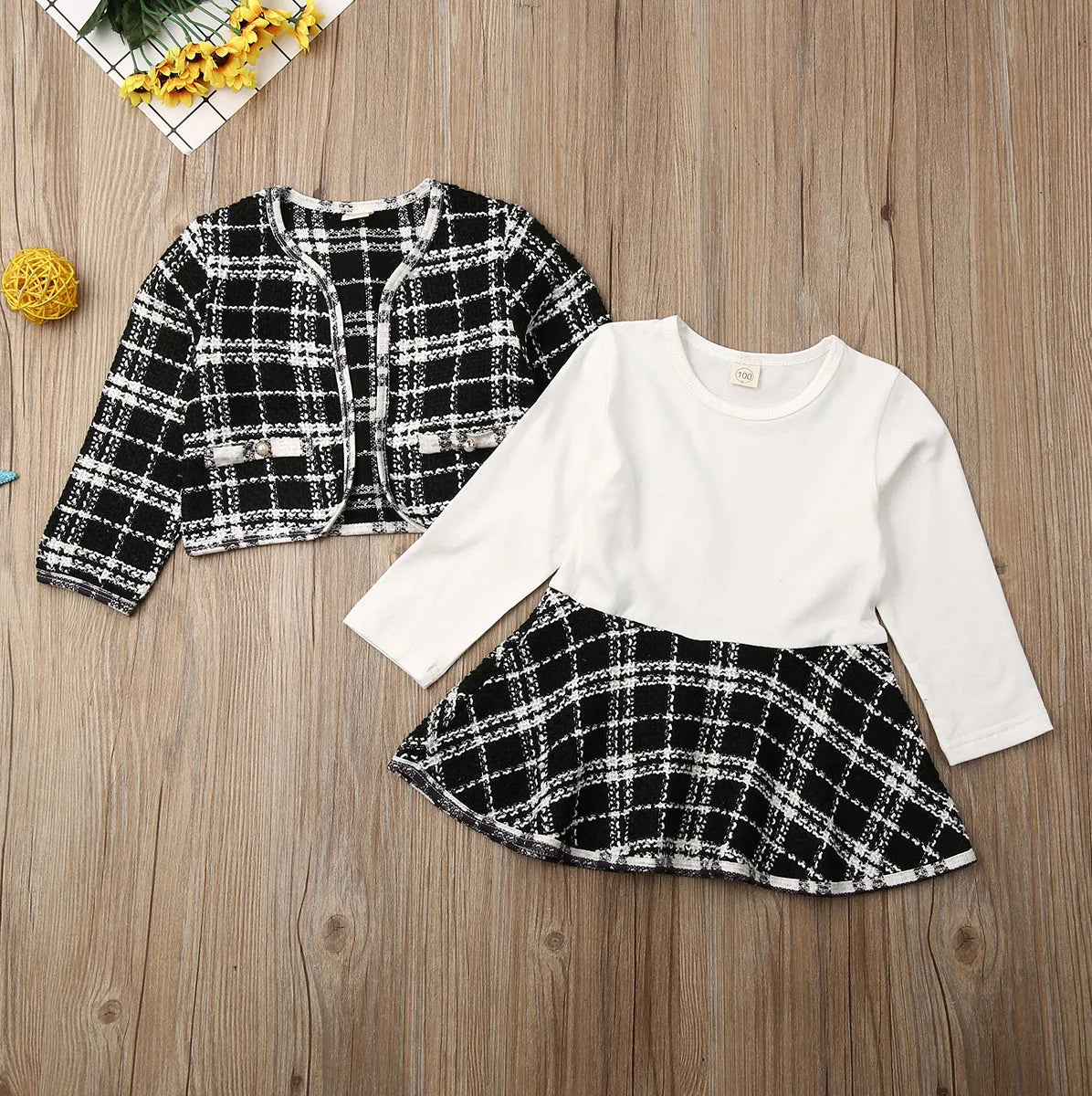 2Pcs Plaid Coat Tutu Dress Outfit Suit for Baby Girl Toddler