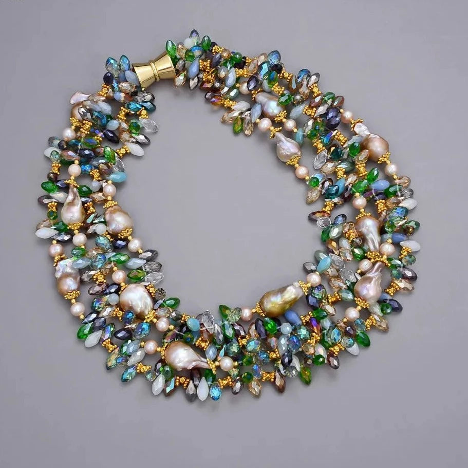 18"-24" 4 Stränge 25mm natürliche lila Keshi Perle bunte Kristall Halskette