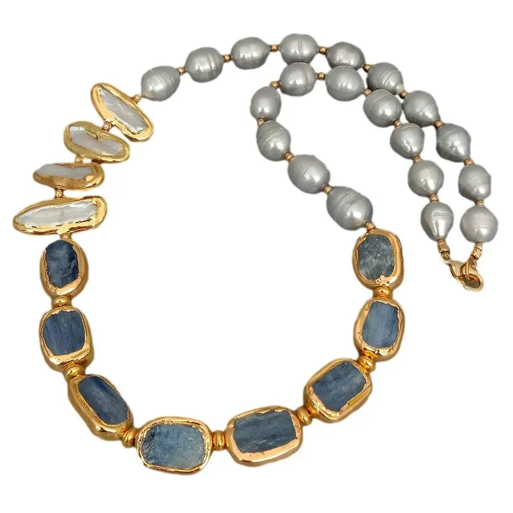 Freshwater Cultured  Biwa Pearl Blue Kyanites Necklace 23"