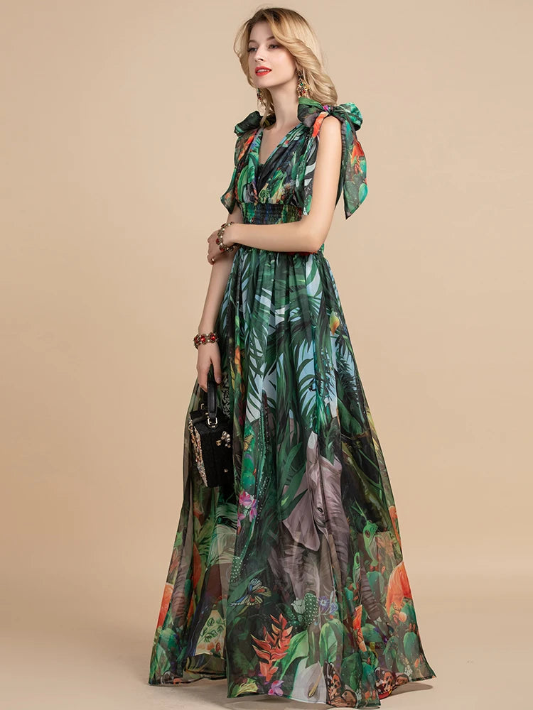 Mina V-Neck elastic Vintage Floral Print Holiday Boho Maxi Dress