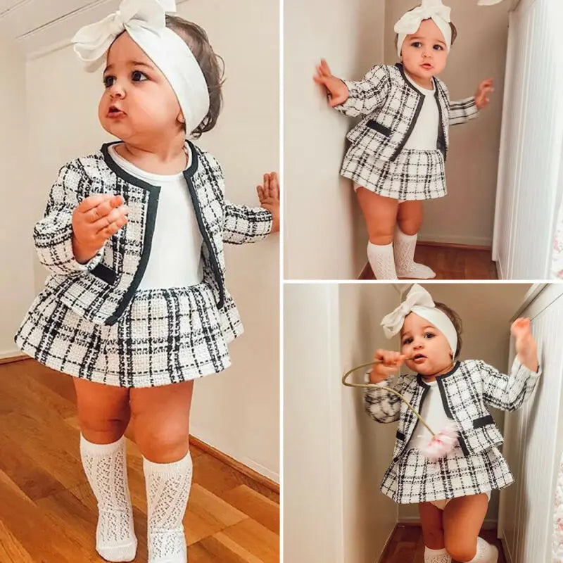 2Pcs Plaid Coat Tutu Dress Outfit Suit for Baby Girl Toddler