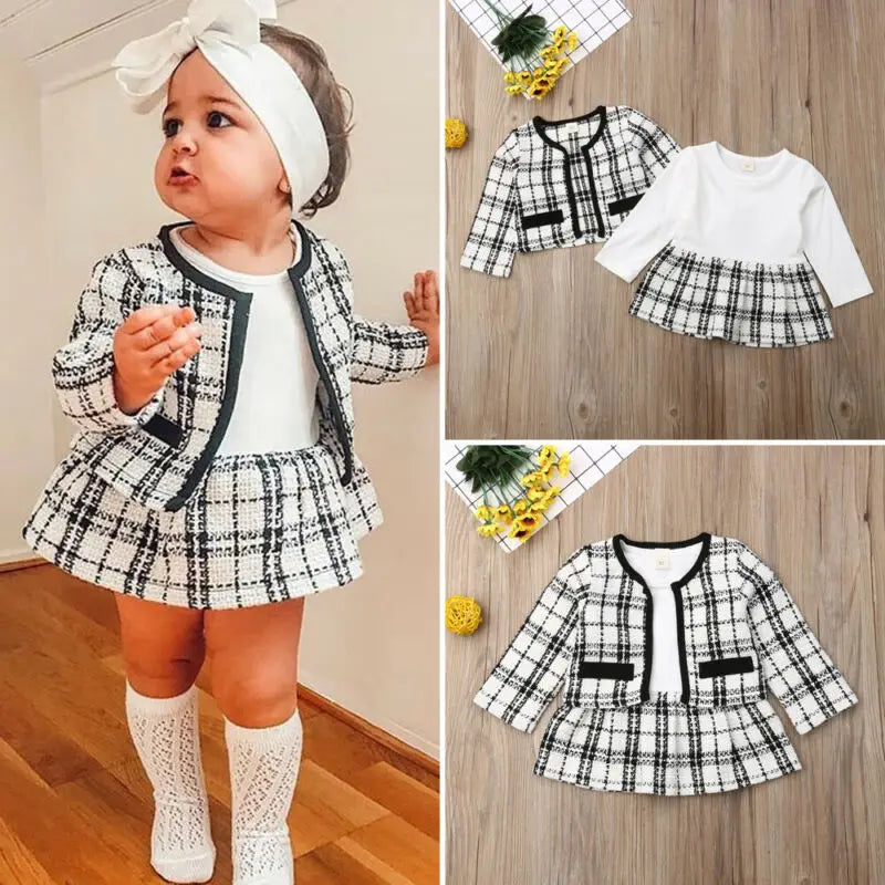 2Pcs Plaid Coat Tutu Dress Outfit Suit for Baby Girl Toddler