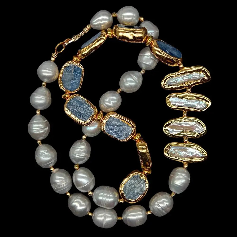 Freshwater Cultured  Biwa Pearl Blue Kyanites Necklace 23"