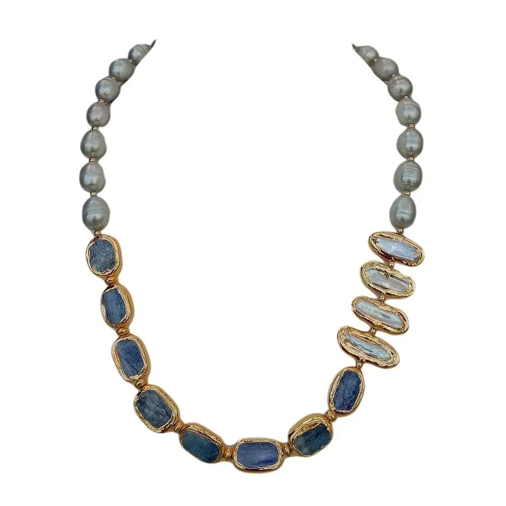 Freshwater Cultured  Biwa Pearl Blue Kyanites Necklace 23"