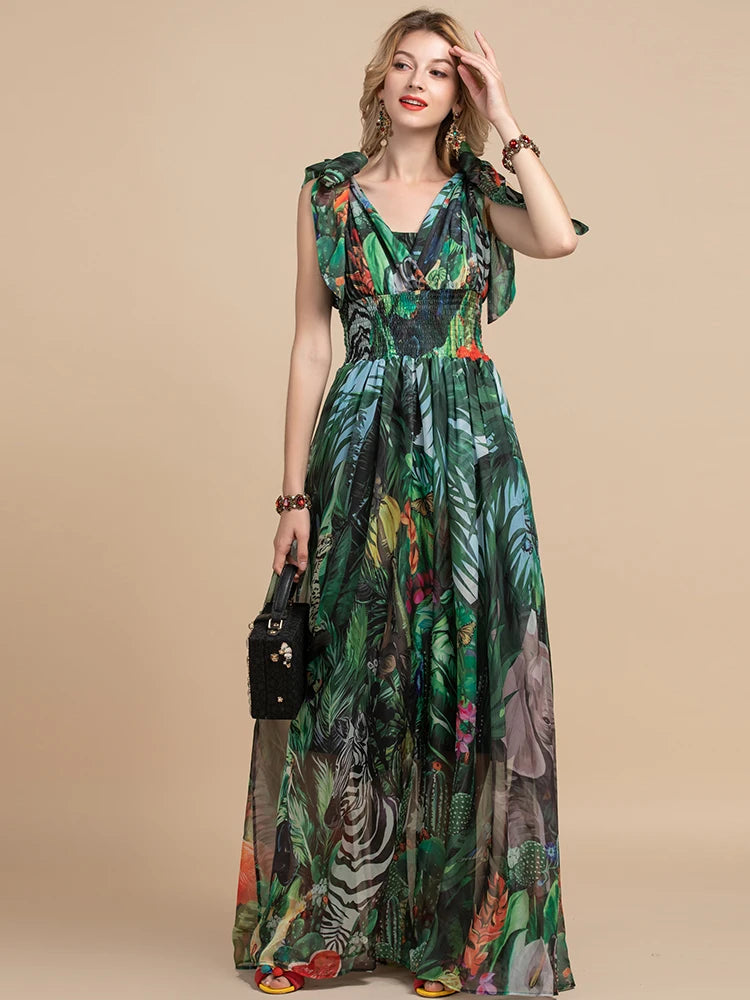 Mina V-Neck elastic Vintage Floral Print Holiday Boho Maxi Dress