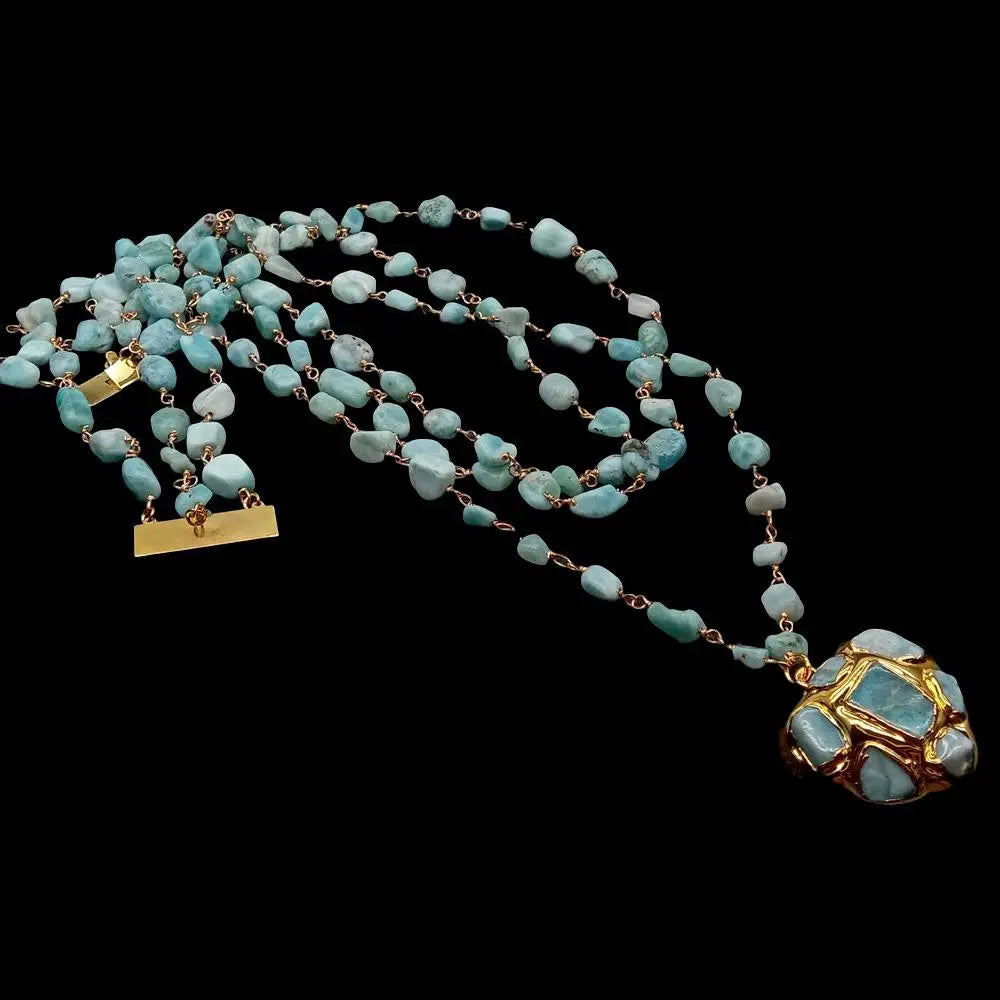 3 Strands Natural Blue Larimar 18*  Necklace