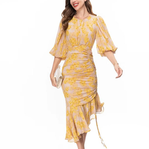 Kari Asymmetrical O-Neck Lantern Sleeve Folds Flower Dress