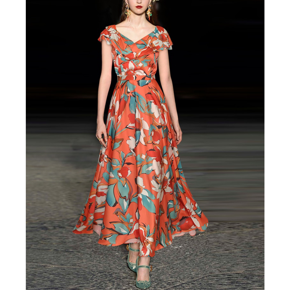 Zoie Langes Kleid mit V-Ausschnitt und Schmetterlingsärmeln und Blumenmuster