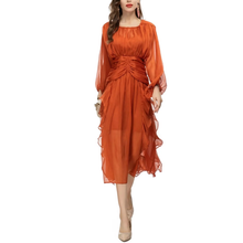 Load image into Gallery viewer, Devyn O-Neck Lantern Sleeve Folds Ruffle Dress