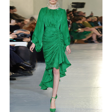 Load image into Gallery viewer, Elakshi O-Neck Lantern Sleeve Folds Asymmetrical Dress