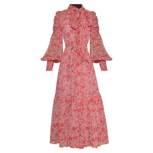 Liliana Bow Lantern sleeve Belted Floral Print Party Dress