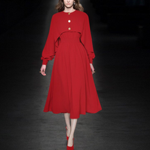 Load image into Gallery viewer, Kimberly O-neck Red Midi Cloak Ruffles Long sleeve Top Dress