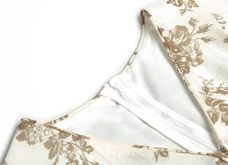 Mariela  V-Neck Short Sleeve Beading Disc Buckle Flower Print Vintage Long Dress