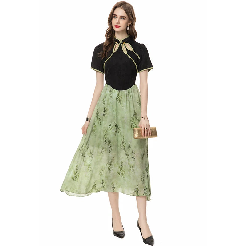 Bernadette Stand-Neck Short Sleeved Button Leaf Printing Casual  Dress