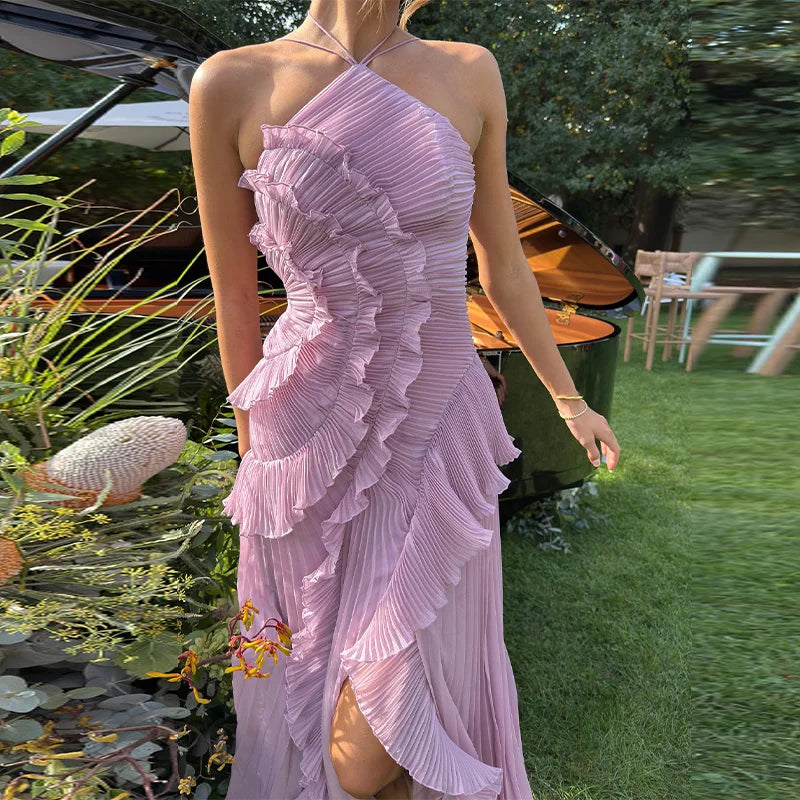 Linda Pleated Halter Neck Long Vacation Dress