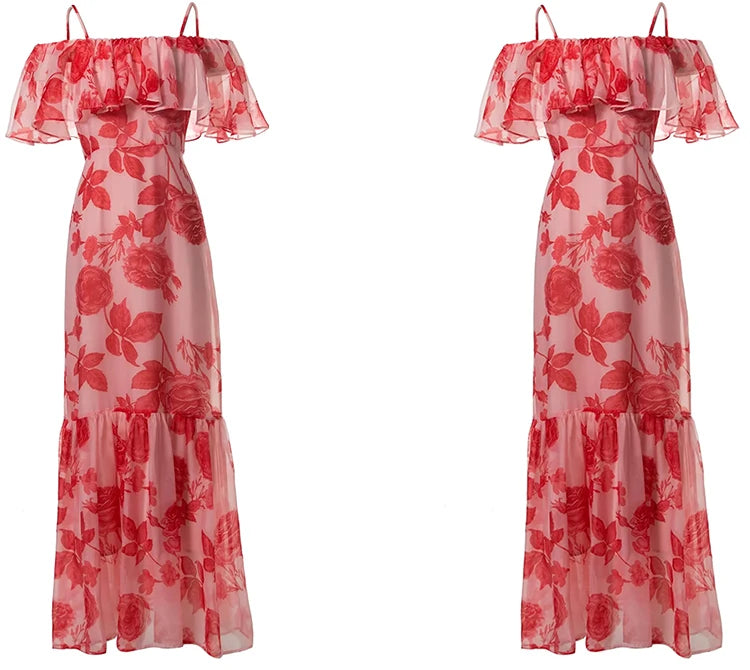 Fernanda Spaghetti Strap Butterfly Sleeve Rose Print  Elegant  Dress