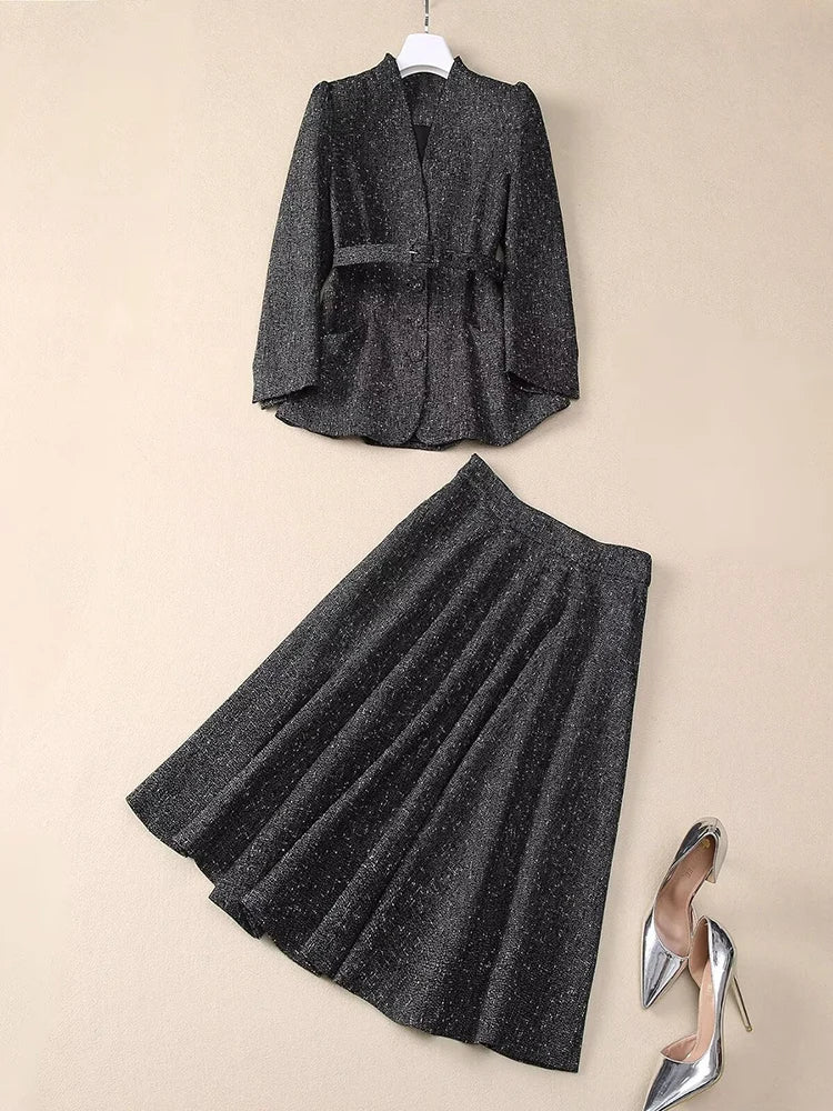 Bexley Single Breasted Sashes Coat + Skirt Office Lady 2 piece Set