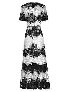 Lucinda O-Neck Short Sleeve Hollow Out Water Soluble Flower Belt Vintage Dress