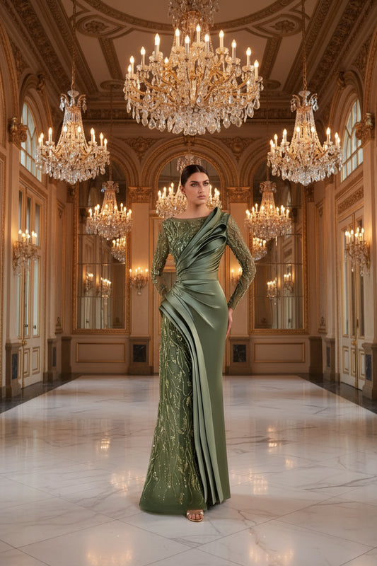 Heaven Olive Green Evening Dress Long Sleeve Sparkling Mermaid Ball Gown