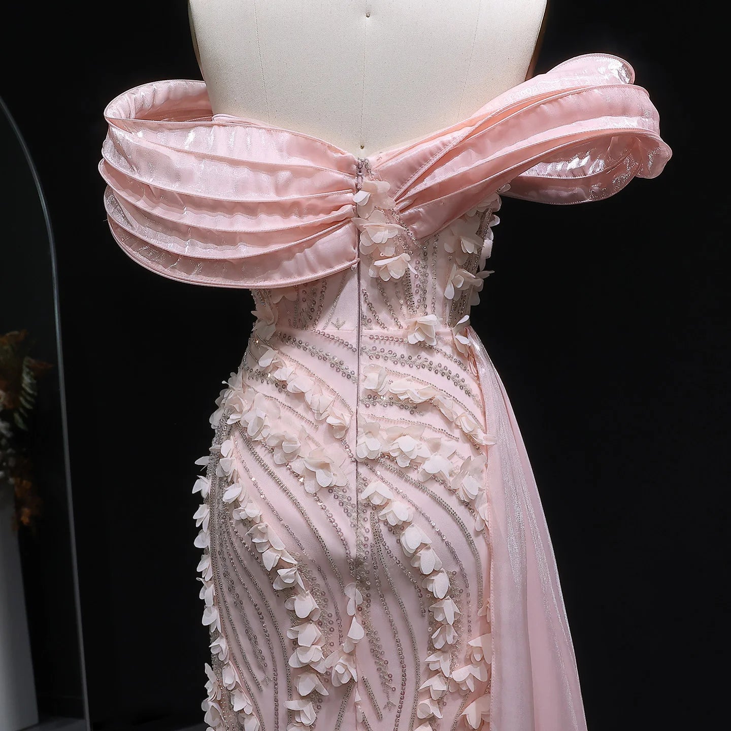 Peony Pink Off Shoulder with 3D Floral Appliques Evening Dress
