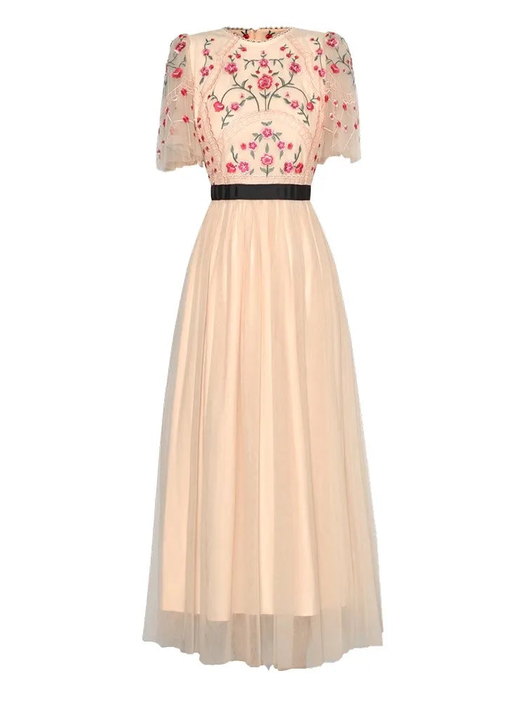 Luxury O-Neck Flare Sleeve Floral Embroidery High Waist Elegant Party Dress