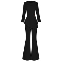 Load image into Gallery viewer, Kira Set Women O-Neck Long Sleeve Belt Tops + Pockets Flare Pants Office Lady Two-piece suit