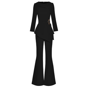 Kira Set Women O-Neck Long Sleeve Belt Tops + Pockets Flare Pants Office Lady Two-piece suit