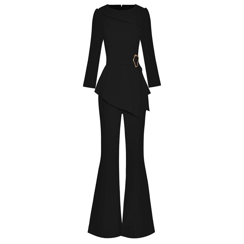 Kira Set Women O-Neck Long Sleeve Belt Tops + Pockets Flare Pants Office Lady Two-piece suit