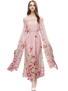 Amber Maxi  Backless Long Sleeve Flowers Print Elastic Waist Vacation Dress