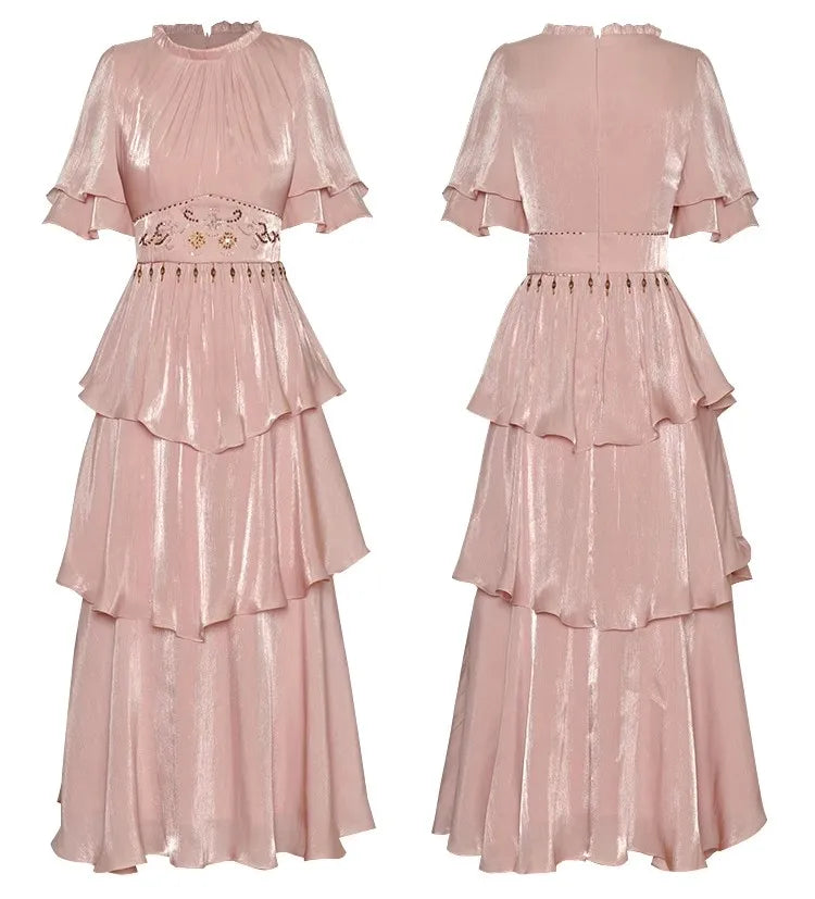 Safiya O-Neck Butterfly Sleeve Crystal Beading Ruffles Vintage Dress