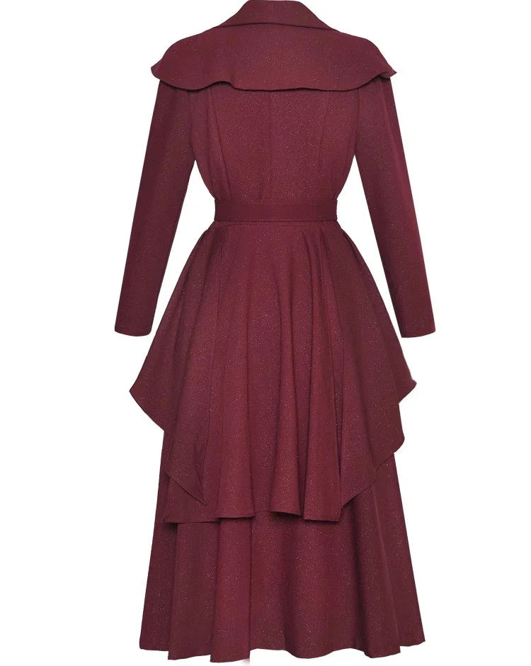 Elora Turn-Down Collar Long-Sleeved Flounced Edge Splicing Dress