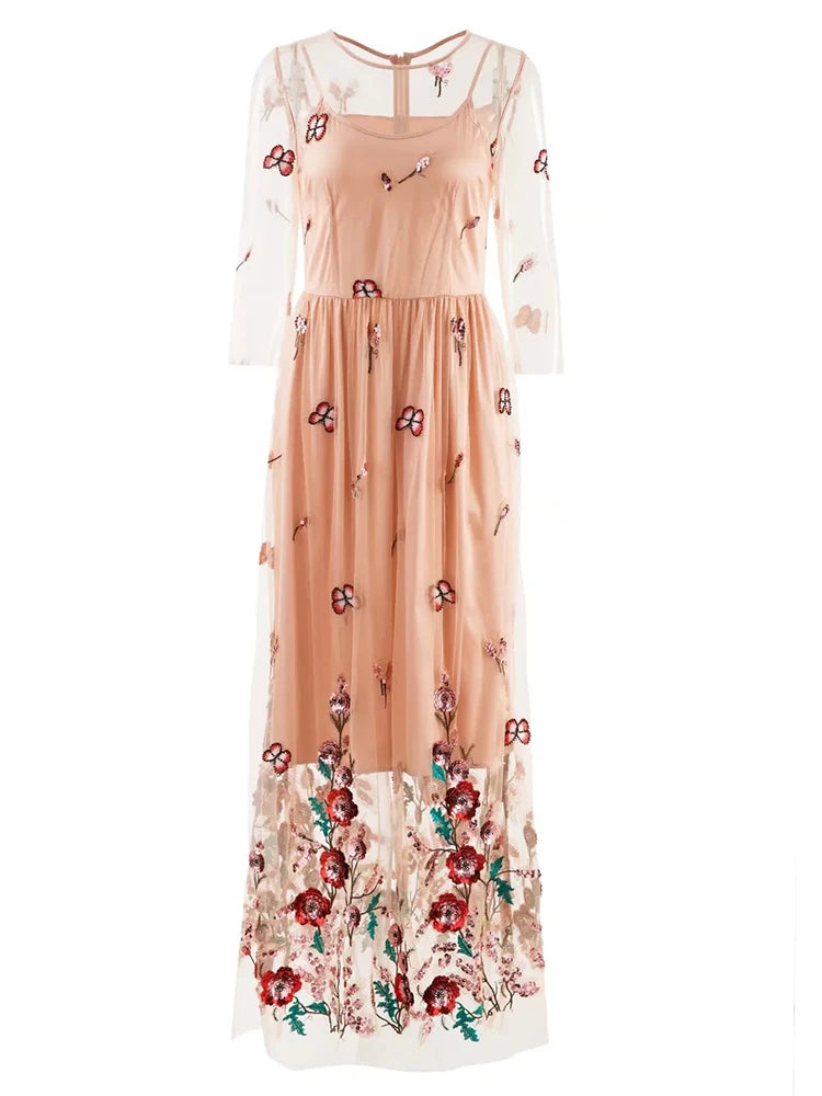 Zaria Floral Embroidery Vintage Party Long Dress