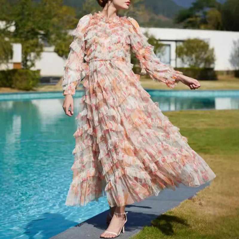 Athena Elegant Flower Print Embroidery Dress