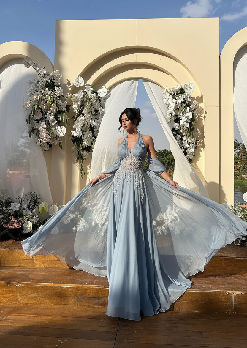 Orchid Blue Chiffon Evening Dress Halter A Line Formal Occasion Dress