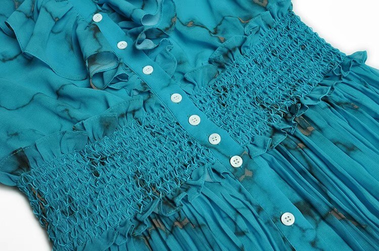 Ashley Ruffle Print Vintage Single-Breasted Pleated Dress