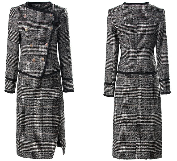 Danielle Plaid Tweed Suit Women O-Neck Double Breasted Jacket+Pencil Skirt Office Lady Two Piece Set