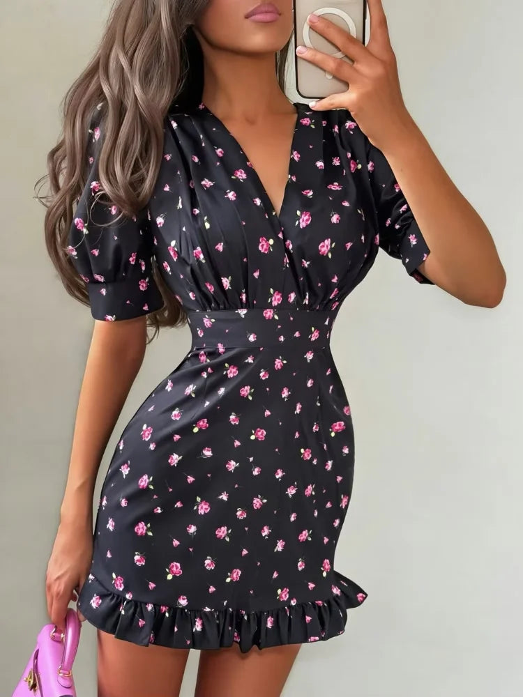 Fiona Floral Print Casual V-neck Puff Sleeve Waistband Ruffle Hem Mini Dress