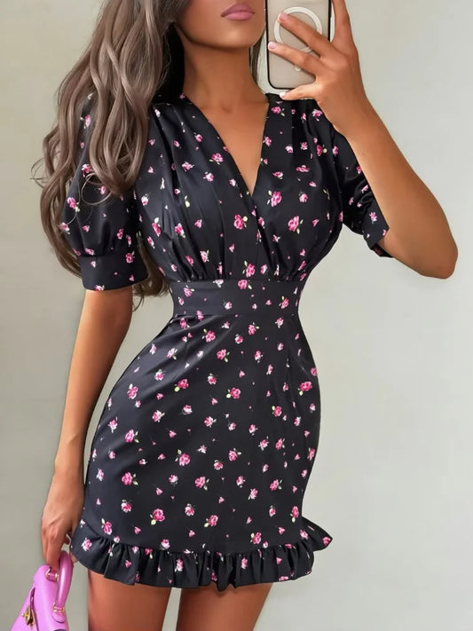 Fiona Floral Print Casual V-neck Puff Sleeve Waistband Ruffle Hem Mini Dress