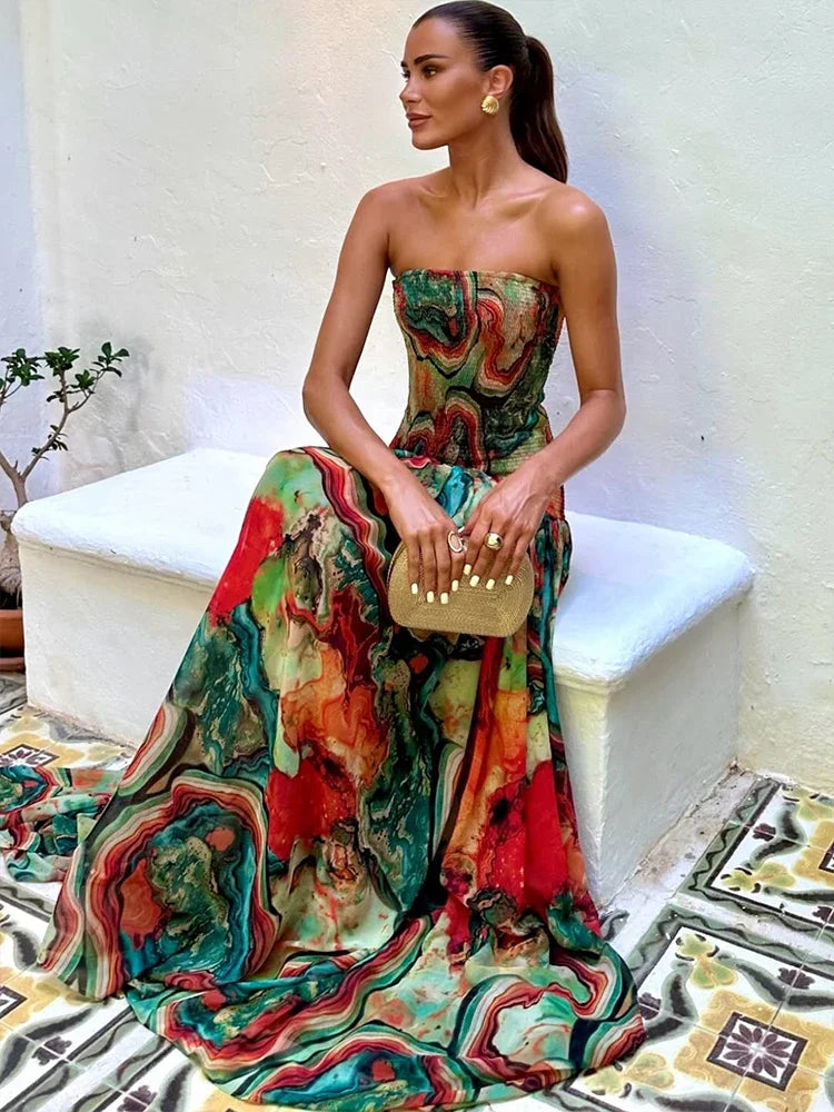 Angel Floral Print Tube Long Dress Women's Fashion Slim Sleeveless Backless Pleated A-line Dresses 2025 Evening Party Gowns