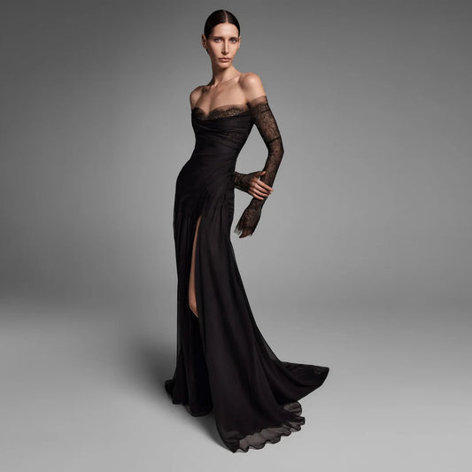 Betsy Sexy Tulle Long Sleeves Black Strapless Prom Dress